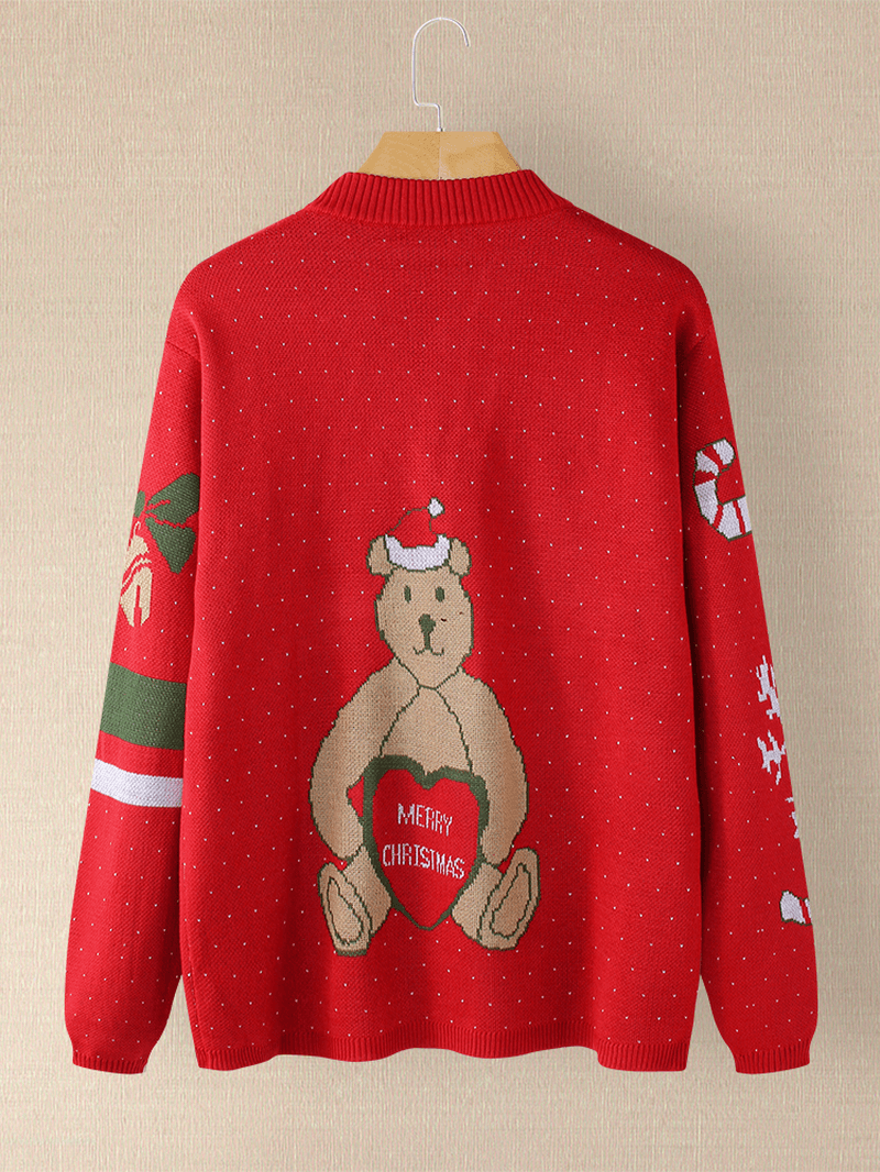 Women Christmas Cute Bear Print round Neck Casual Knitted Sweater - MRSLM