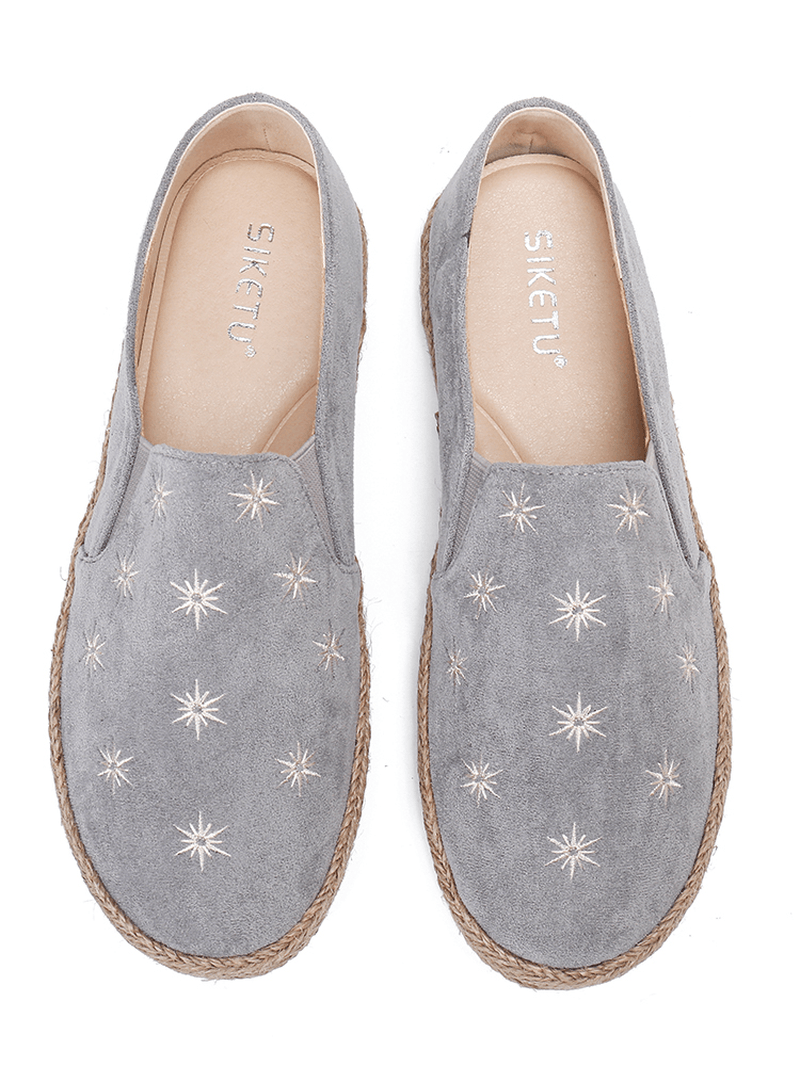 Women Casual Suede round Toe Star Embroidered Espadrilles Fisherman'S Flats Loafers - MRSLM