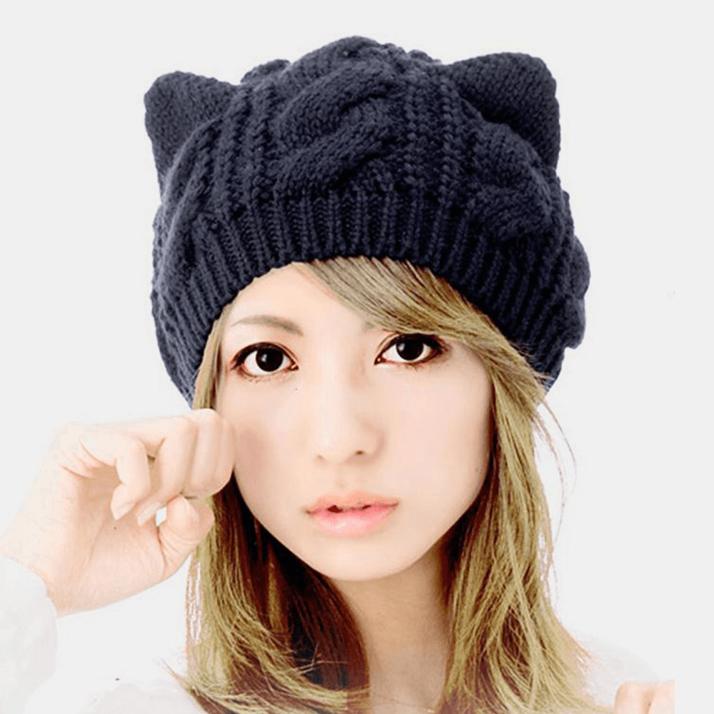 Unisex Woolen Warm Soft Cat Ear Decoration Casual Cute All-Match Couple Hat Knitted Hat - MRSLM