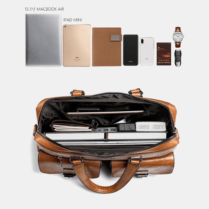 Men Zipper Multi-Pocket Handbag Large Capacity Anti-Theft Retro 13.3 Inch Laptop Briefcase Crossbody Bags - MRSLM