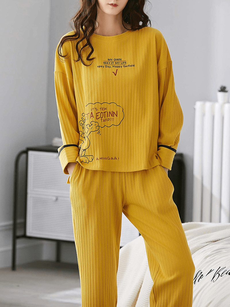 Women Ribbed Letter Print Cartoon Graffiti Pullover Elastic Waist Pocket Home Casual Yellow Pajama Set - MRSLM