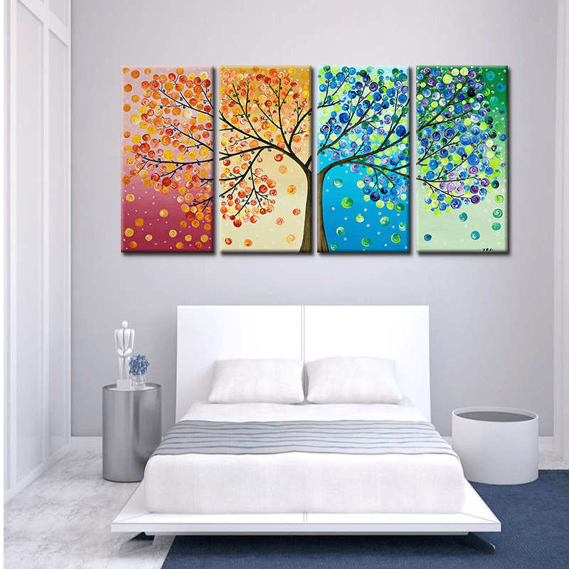 Miico Hand Painted Four Combination Decorative Paintings Four-Color Life Tree Wall Art for Home Decoration - MRSLM