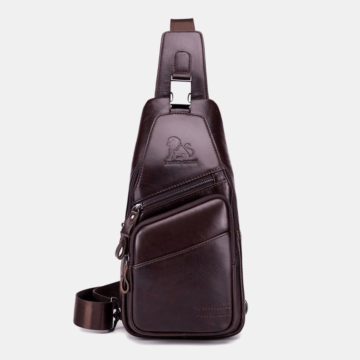 Men Genuine Leather Hasp Headphone Hole Large Capacity Vintage 6.5 Inch Phone Bag Chest Bag Crossbody Bag Shoulder Bag - MRSLM