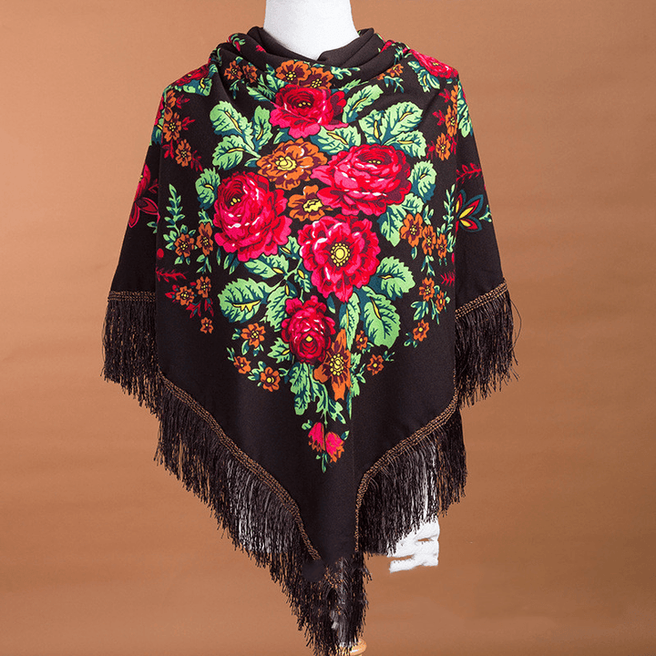 Large Square Scarf Shawl with Ethnic Print Tassels to Keep Warm - MRSLM