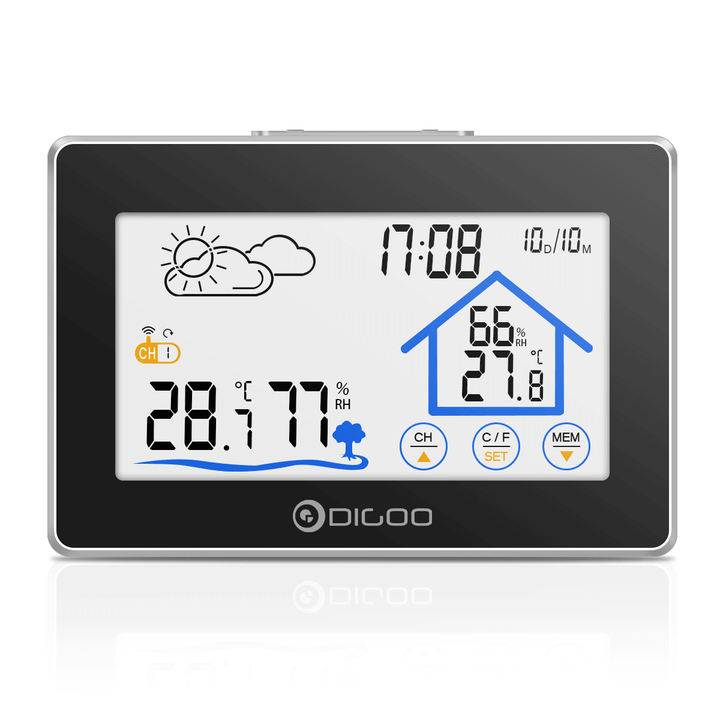 Digoo DG-TH8380 Wireless Thermometer Hygrometer Touch Screen Weather Station with Thermometer Outdoor Forecast Sensor Clock - MRSLM