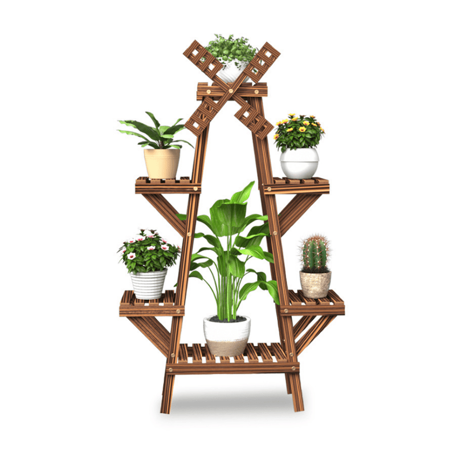 Wooden Plant Stand Windmill-Shape Flower Pots Organizer Shelf Display Rack Holder Bookshelf for Indoor Outdoor Patio Garden Corner Balcony Living Room - MRSLM