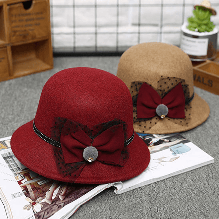 Women Winter Outdoor Cool Protection Warm Top Hat Felt Bow Decoration Lace Fedora Hat Bucket Hat - MRSLM