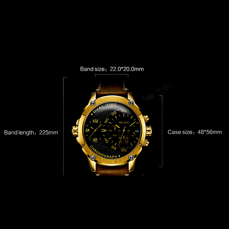 MEGIR 2093G Fashion Double Time Zone Calendar Chronograph Luminous Men Waterproof Army Sports Leather Strap Quartz Watch - MRSLM