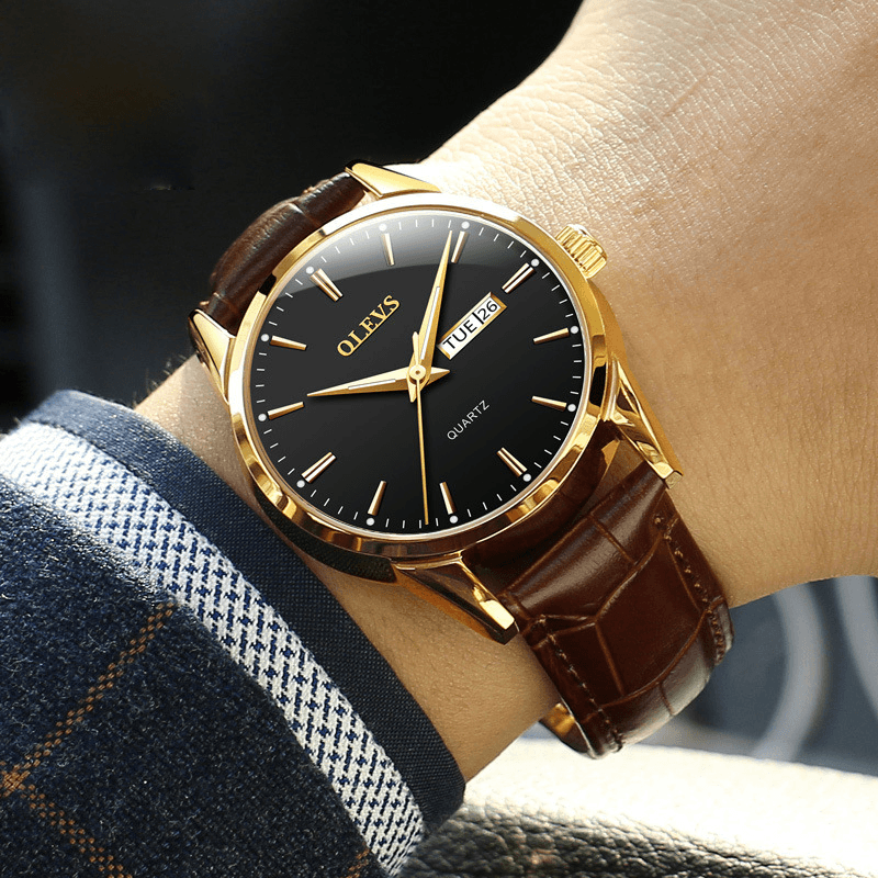 OLEVS 6898 Fashion Men Watch Date Week Display Leather Strap Casual Quartz Watch - MRSLM