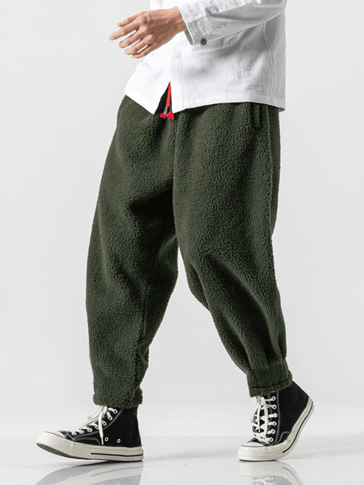 Mens Fleece Warm Thickened Chinese Style Loose Drawstring Wool Harem Pants - MRSLM