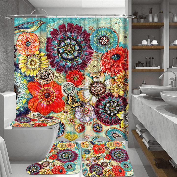 180Cmx180Cm Colorful Flowers Shower Curtain Set Durable Waterproof Shower Mat Set - MRSLM