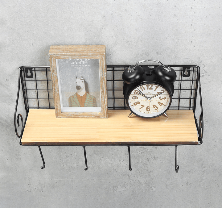 Hanging Wall Mounted Rack Storage Organizer Wood Home Display Storage Baskets W/ Iron Hook - MRSLM