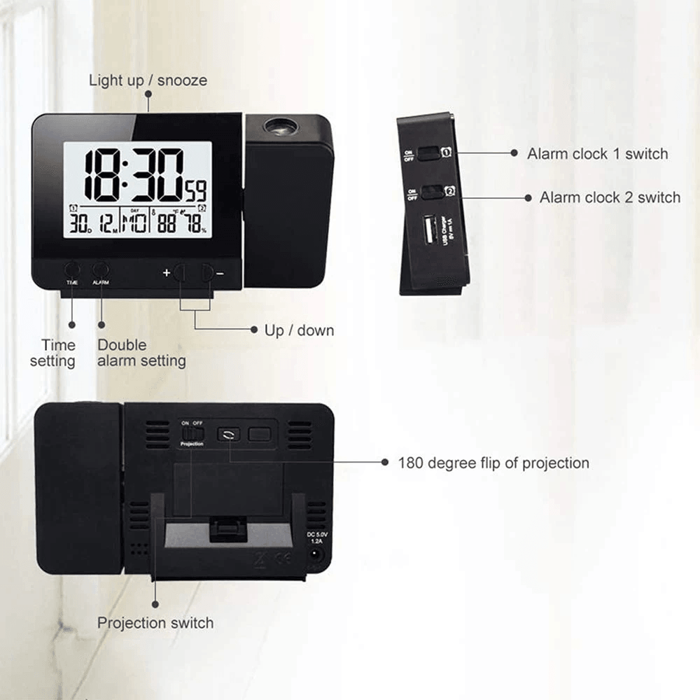 Projection Alarm Clock for Bedroom with Thermometer Hygrometer Digital Project Ceiling Clock Dimmable LED Display with USB Charger 180°Rotable with Dual Alarms 12/24H Snooze - MRSLM