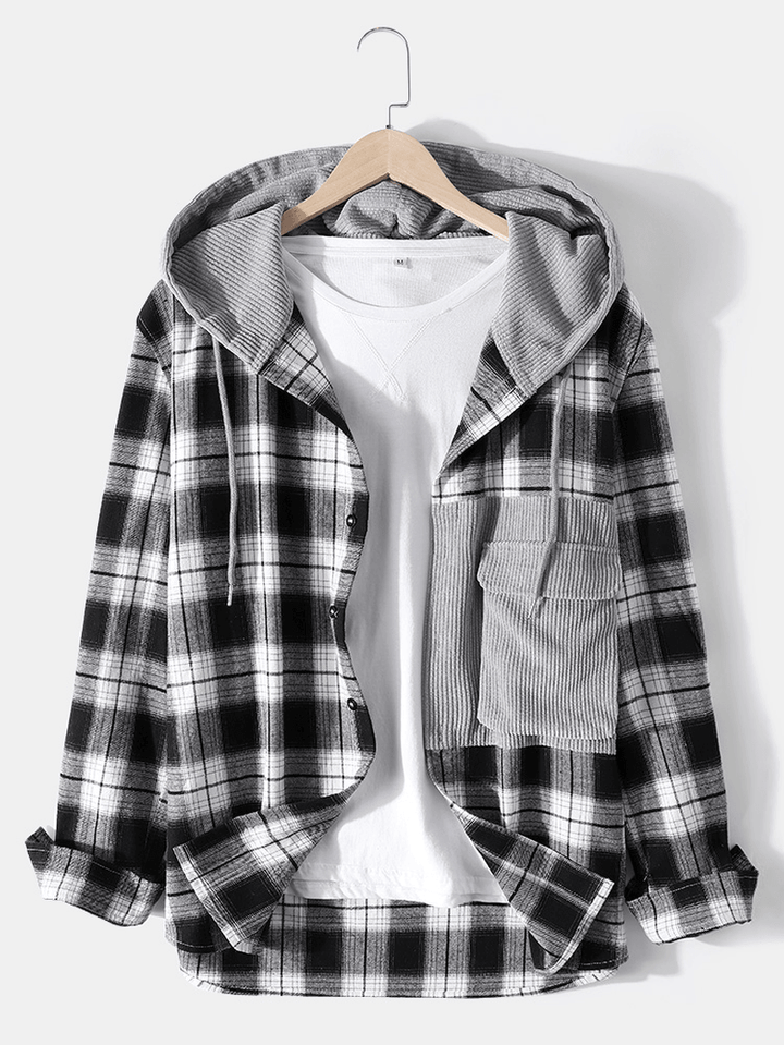 Mens 100% Cotton Plaid Patchwork Button up Hooded Shirts - MRSLM