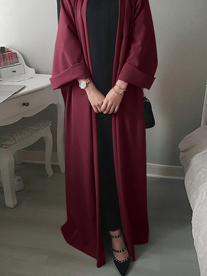 Women Vintage Solid Color Loose Casual Cardigan Abaya Kaftan Long Sleeve Robe - MRSLM