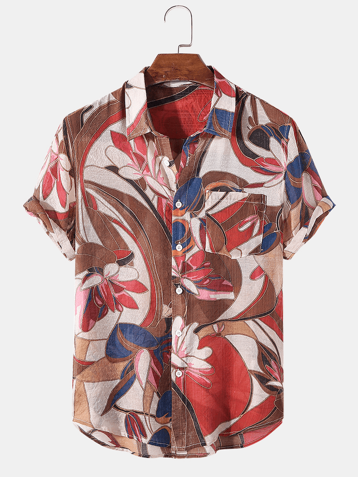 Mens Holiday Floral Plants Print Lapel Casual Short Sleeve Shirts - MRSLM