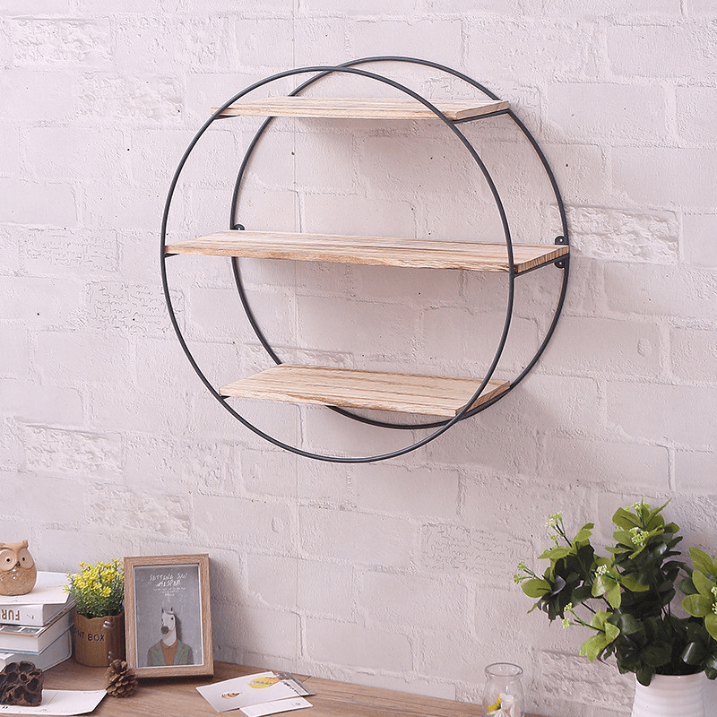 Round Wall Unit Retro Industrial Style Wood Metal Wall Shelf Rack Book Shelf Storage Rack - MRSLM