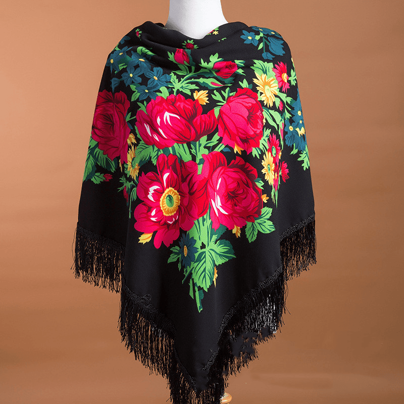 Large Square Scarf Shawl with Ethnic Print Tassels to Keep Warm - MRSLM