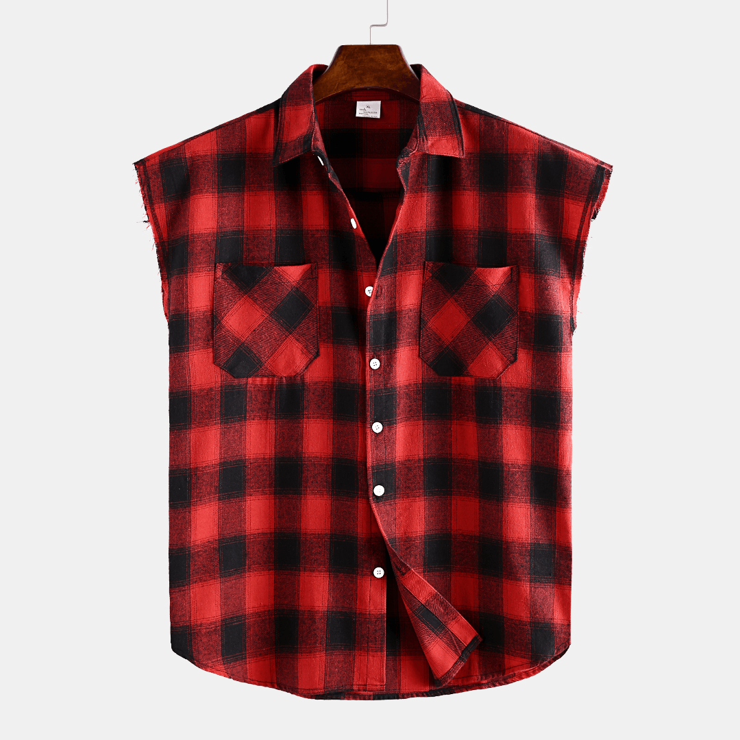 Men Plaid Sleeveless Lapel Loose Shirts - MRSLM