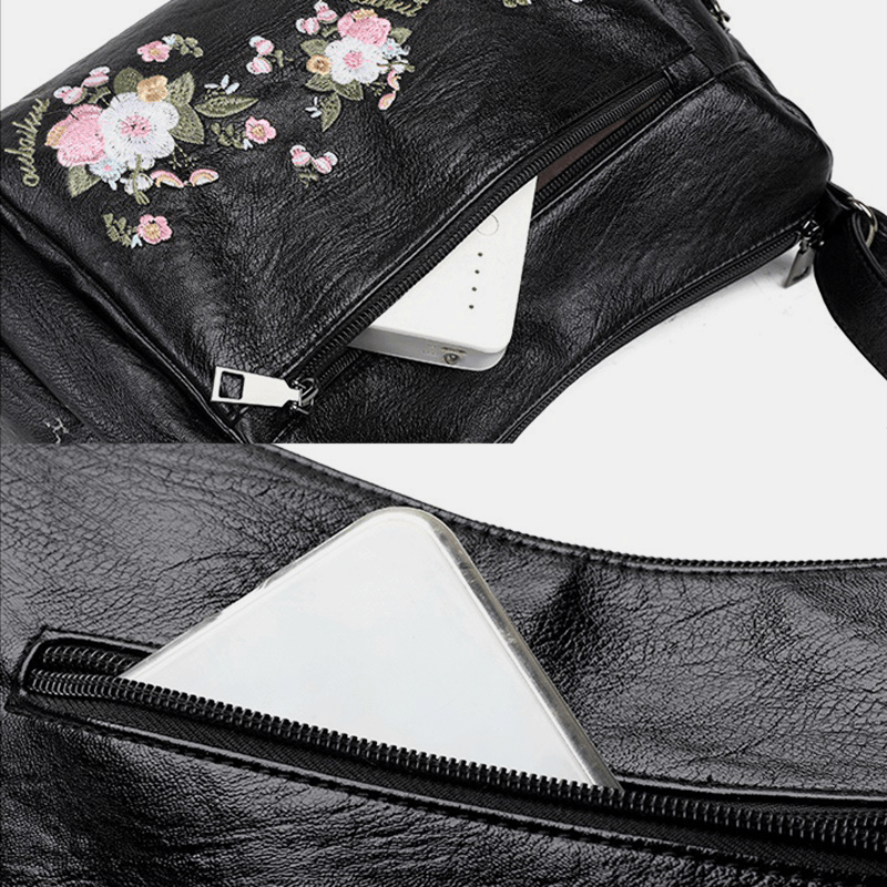 Women Ethnic Flower Embroidered Large Capacoty Crossbody Bag Vintage Texture Hardware Waterproof Breathable Soft Leather Shoulder Bag - MRSLM