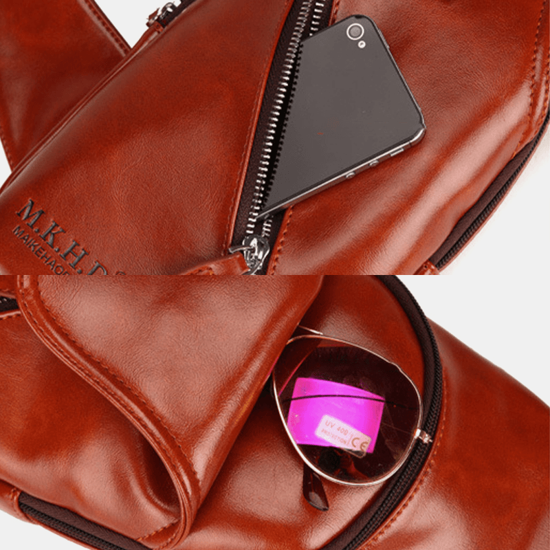 Men Faux Leather Oil Leather Business Casual Travel Waterproof Shoulder Bag Chest Bag - MRSLM