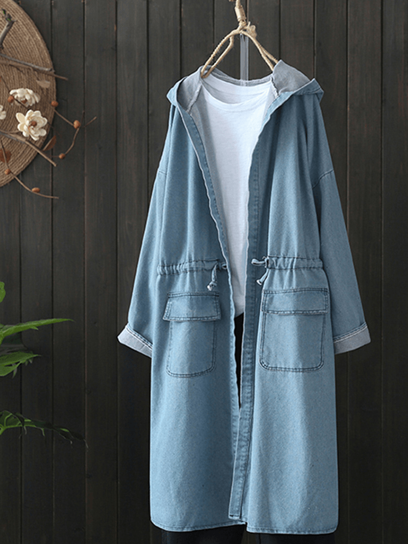 Casual Women Drawstring Long Sleeve Hooded Denim Coats with Pockets - MRSLM