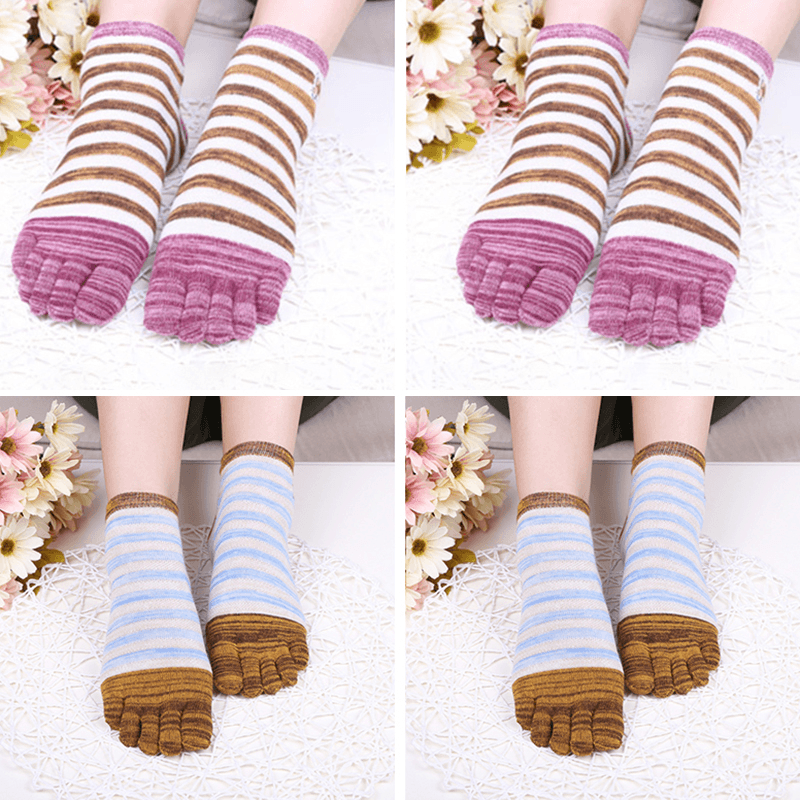 Ladies Five Toes Socks Cotton Striped 4-Pair Set Ankle Socks - MRSLM