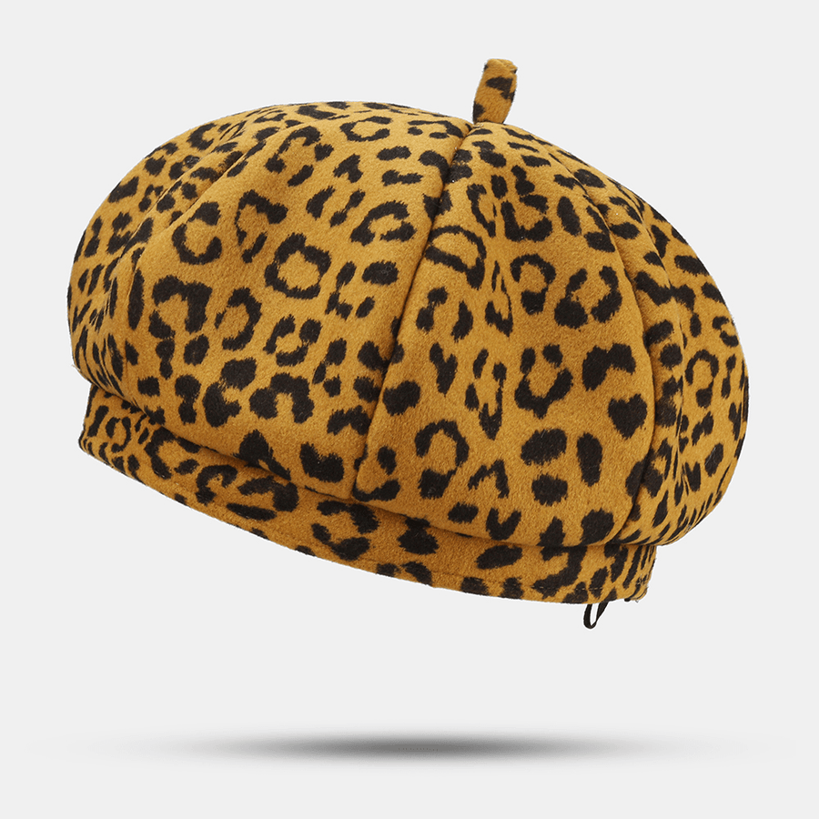 Women Woolen Warm Young All-Match Leopard Pattern Painter Hat Newsboy Hat Octagonal Hat Beret Hat - MRSLM