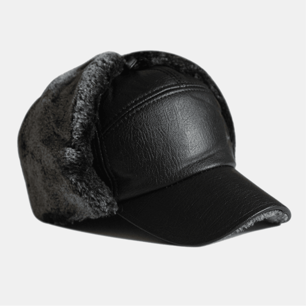 Men PU Leather Plush Thicken Outdoor Windproof Ear Protection Warmth Trapper Hat Ushanka Hat - MRSLM