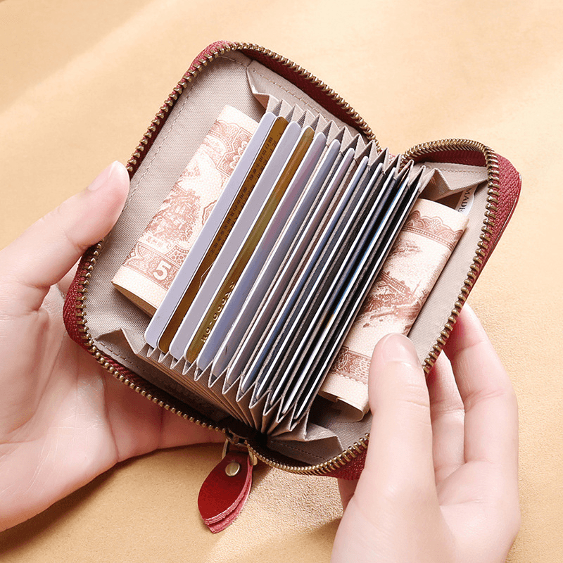 Women 12 Card Slots Rfid Genuine Leather Short Zipper Coin Purse Wallet - MRSLM