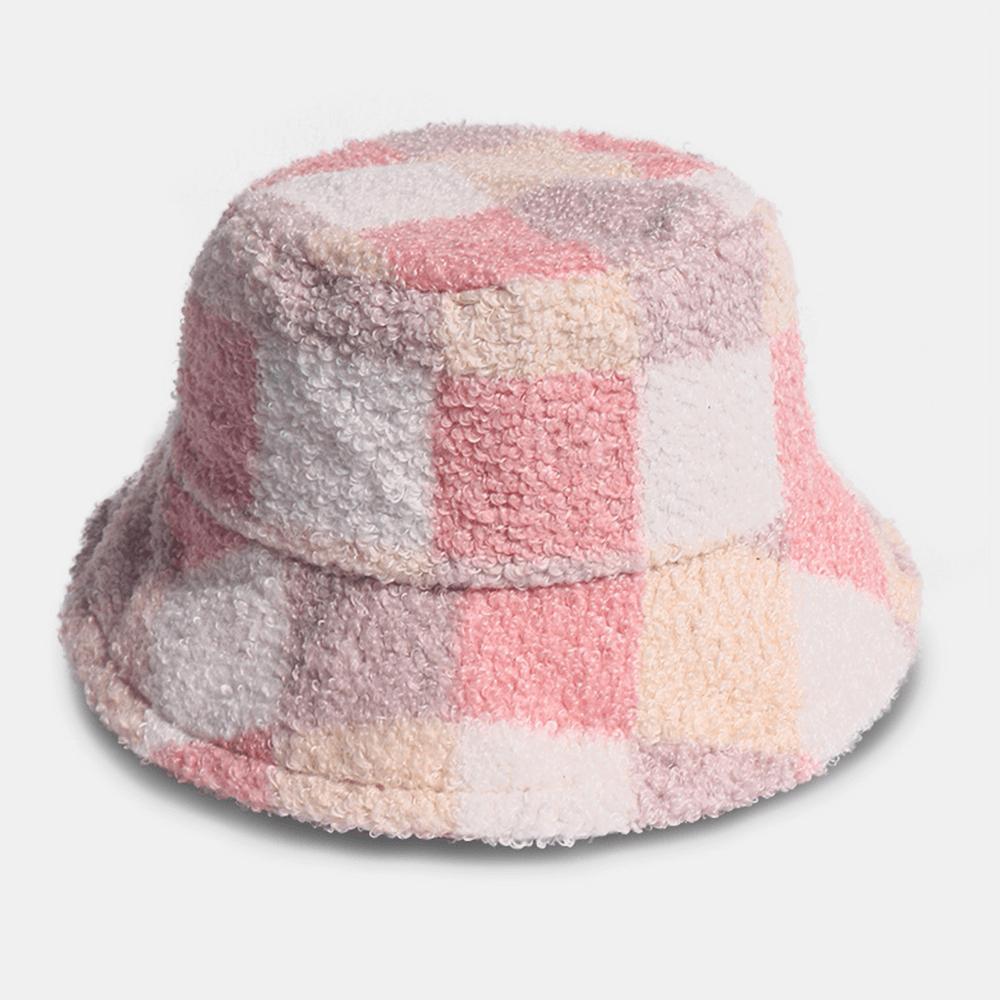 Women Cotton Lamb Hair Warm Casual Fashion All-Match Lattice Pattern Bucket Hat - MRSLM