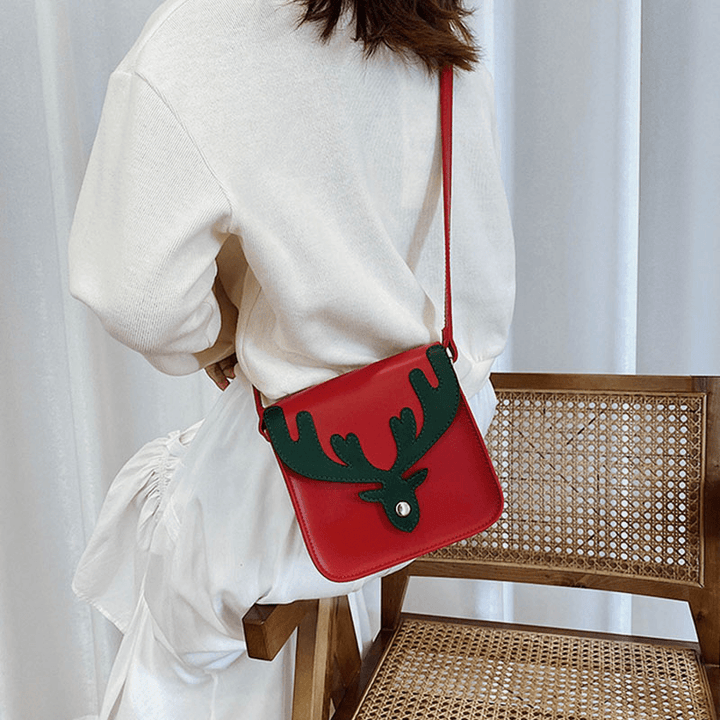 Women Faux Leather Contrast Color Christmas Elk Pattern Small Square Bag Crossbody Bag Shoulder Bag - MRSLM