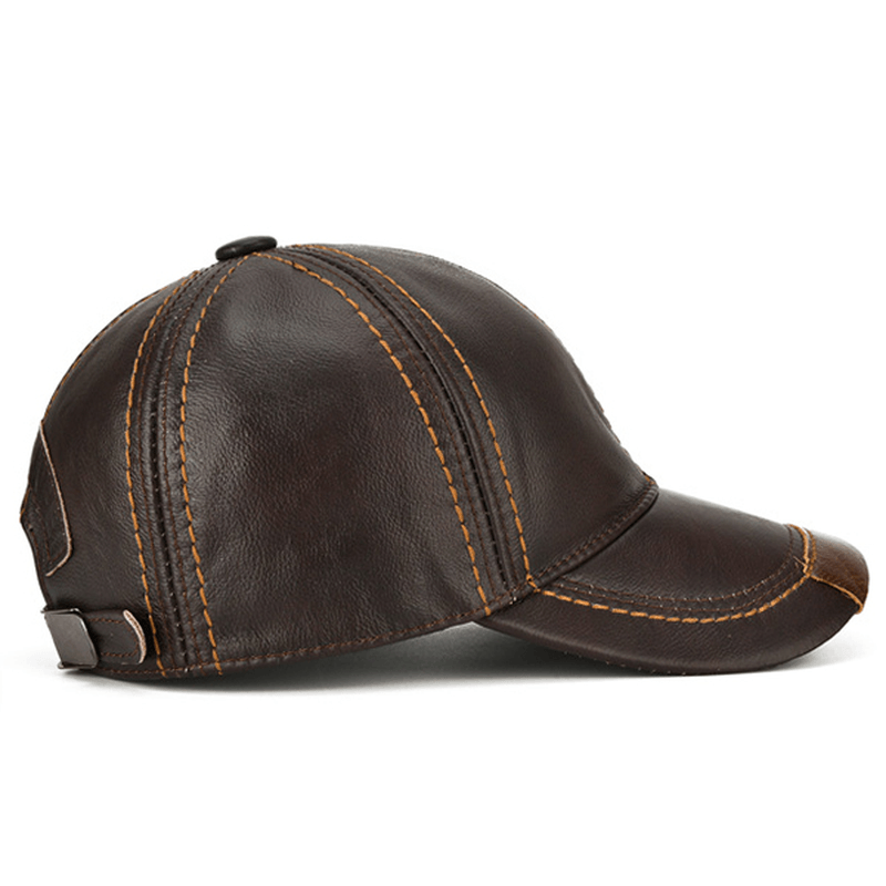 Collrown Mens Cowhide Leather Solid Baseball Cap Casual Sunshade Sport Adjustable Snapback Cap - MRSLM