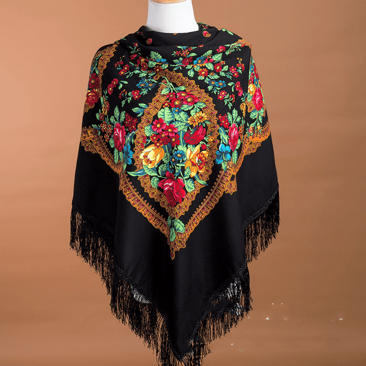 Large Square Scarf Shawl with Ethnic Print Tassels to Keep Warm - MRSLM