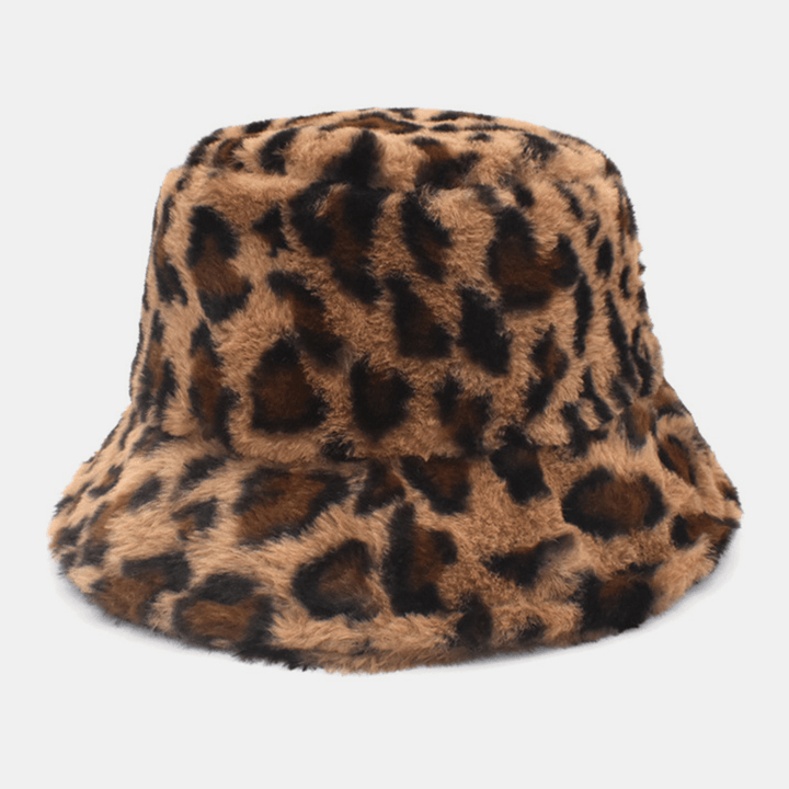 Women Lamb Hair Warm Soft Leopard Pattern Casual Personality Bucket Hat - MRSLM