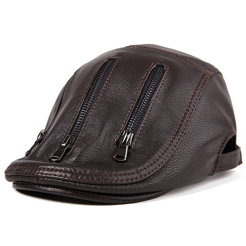L/ XL/2XL Middle-Aged Leather Windproof Painter Beret Hat Adjustable Thicken Newsboy Caps - MRSLM