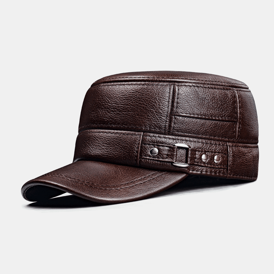 Men Genuine Leather Winter Keep Warm Ear Protection Solid Color Flat Hat Peaked Hat Baseball Hat - MRSLM
