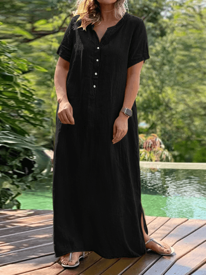 Casual Solid Crew Neck Short Sleeve Button Bohemia Maxi Dress - MRSLM