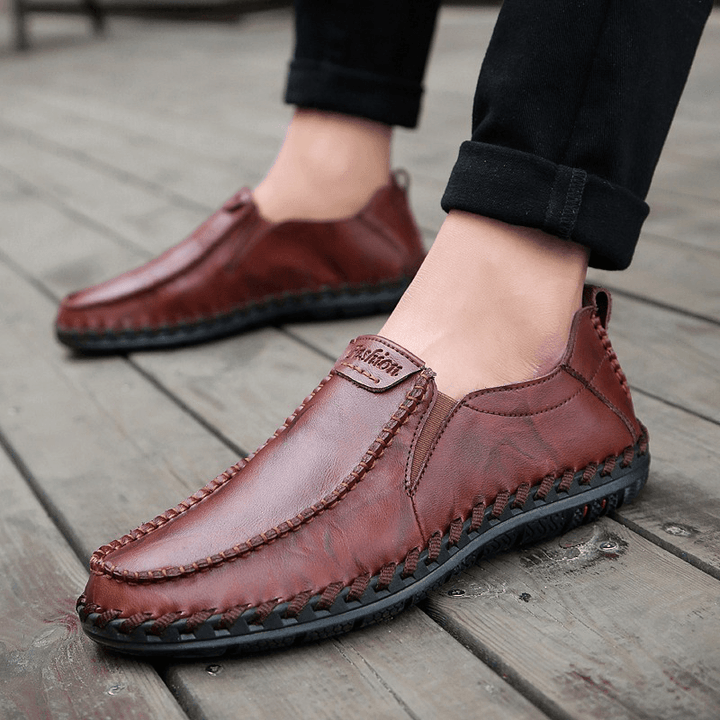 Men Hand Stitching Sfot Leather Non Slip Sole Comfy Slip-On Casual Driving Shoes - MRSLM