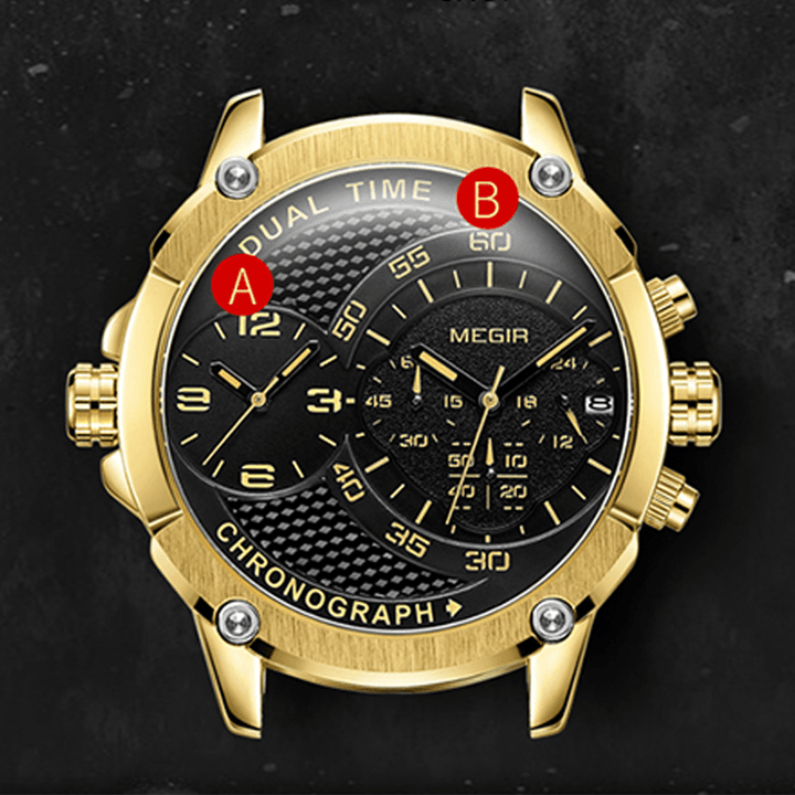 MEGIR 2093G Fashion Double Time Zone Calendar Chronograph Luminous Men Waterproof Army Sports Leather Strap Quartz Watch - MRSLM