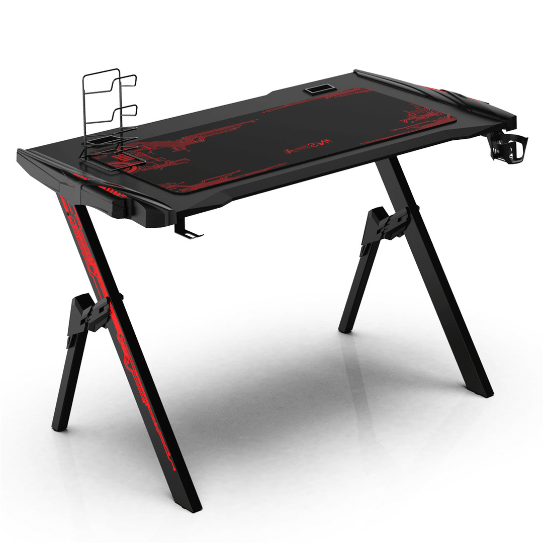 47.2" Gaming Computer Desk Black Gamer Table with Audio Sensor RGB LED Lights Cup Holder Headphone Hook for Home Office - MRSLM