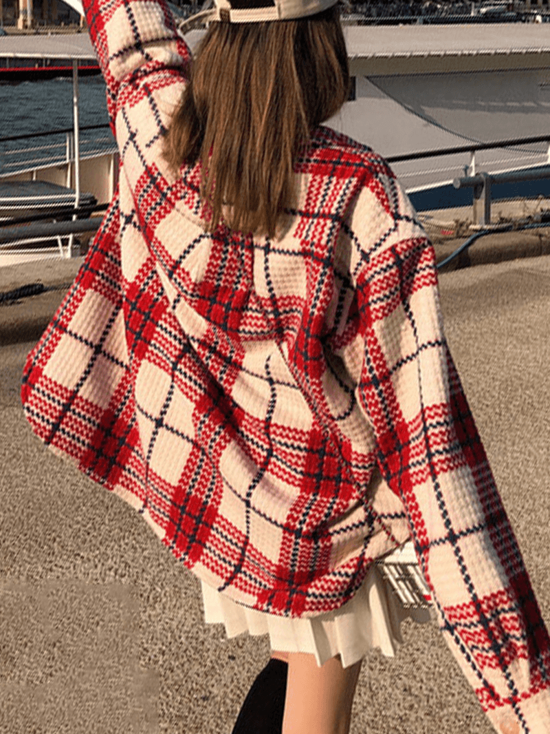 Women Plaid Warm Chest Double Pocket Long Sleeve Single-Breasted Coats - MRSLM