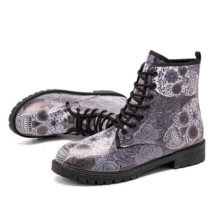 Men Leather Halloween Retro Floral Skull Pattern Thick-Soled Lace-Up Soft Comfy Casual Martin Boots - MRSLM