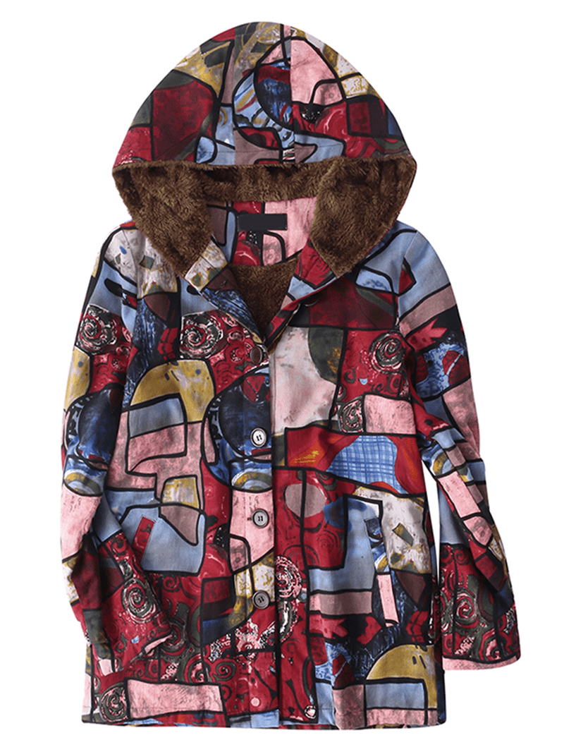 Vintage Women Winter Full Sleeve Abstract Printed Button Hooded Coats - MRSLM