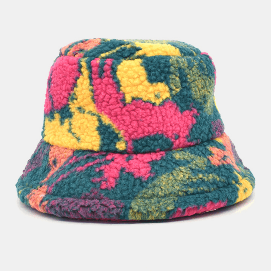 Unisex Cotton Mix Color Printing Velvet Keep Warm Outdoor Travel Casual Bucket Hat - MRSLM