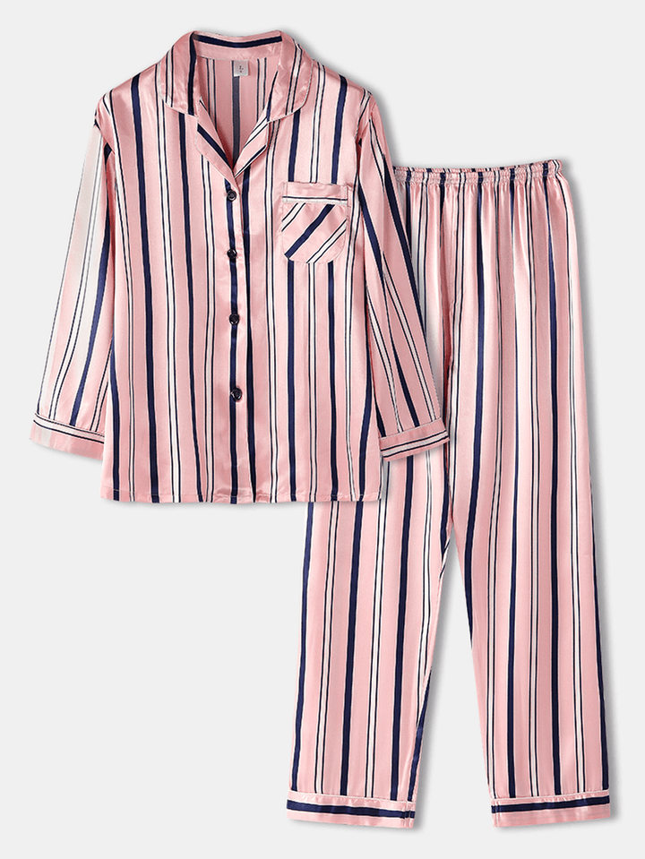 Women Classic Striped Camp Collar Long Sleeve Elastic Faux Silk Waist Home Cozy Pajama Set - MRSLM