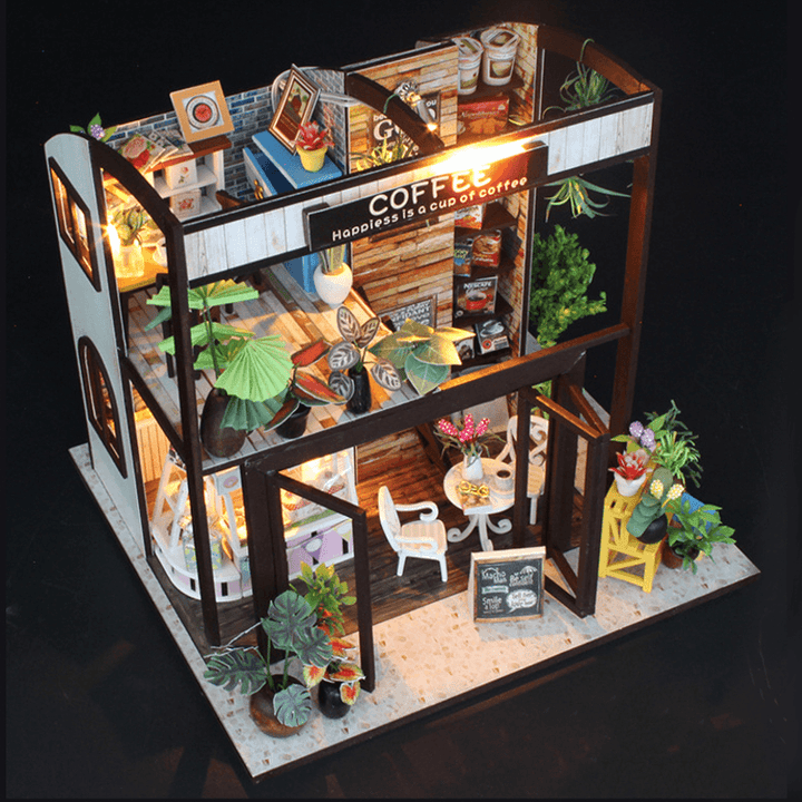 Handcraft DIY Doll House Time Cafe House Wooden Miniature Furniture LED Light Gift - MRSLM