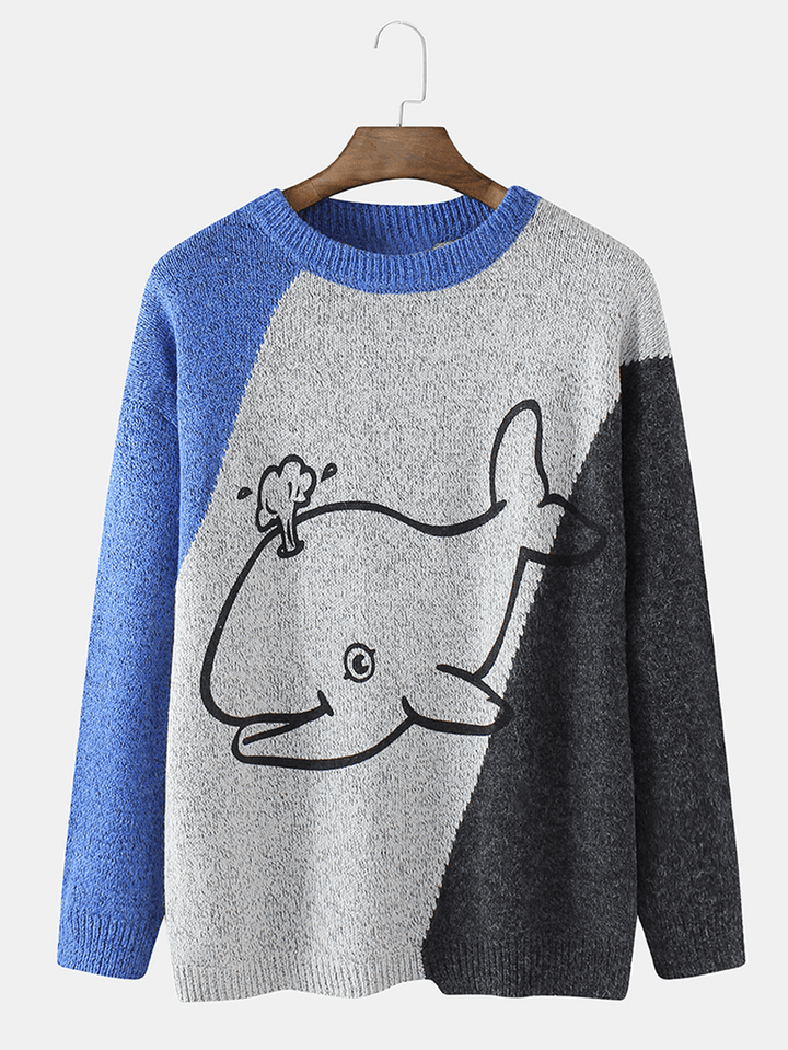 Mens Cartoon Whale Graphics Colorblcok Long Sleeve Cute Knitted Sweaters - MRSLM