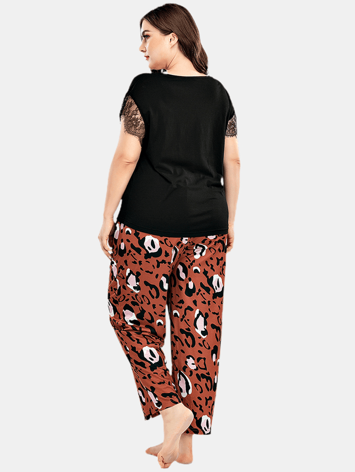 Plus Size Women Lace Black Short Sleeve Top Leopard Pants Home Casual Pajama Set - MRSLM