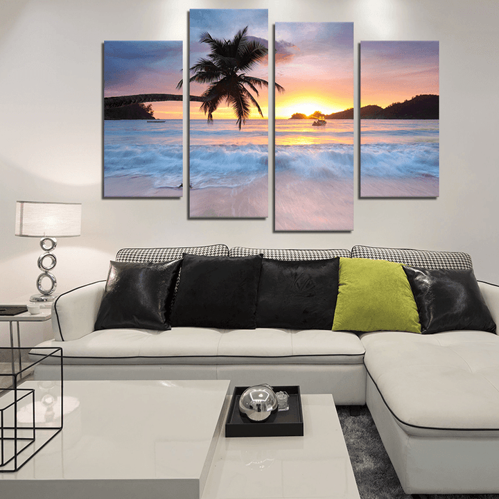 Miico Hand Painted Four Combination Decorative Paintings Seaside Coconut Tree Wall Art for Home Decoration - MRSLM